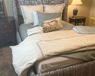 GORGEOUS custom queen bed....practically brand new.  See the next picture for fabric detail.