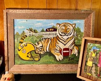 Large original Henry Watson hand carved and painted on reclaimed cypress of Mike the Tiger. 