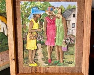 original Henry Watson hand carved and painted on reclaimed cypress, “Girl Talk”