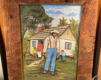 original Henry Watson hand carved and painted on reclaimed cypress, “Tom’s Cabin”.