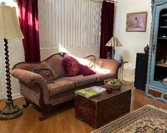 Beautiful Victorian sofa, floor lamp, unique trunk etc.