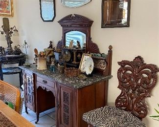 Transitional Period server/desk/vanity. Great piece in beautiful condition with marble top. Nice  carved back ball and claw foot chair and many antique mirrors. 