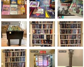 Foosball table, 4 cabinets of cd’s and DVD’s - each cabinet is 1 lot. Paul Les Pee Wee guitar 