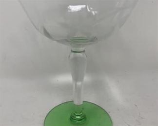 VINTAGE ETCHED MARTINI GLASS W/ GREEN BASE
