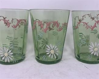 ANTIQUE HAND-PAINTED FLORAL GREEN GLASSES (3)