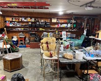 Garage stuff- tools, ladders, outdoor holiday decorations, and more