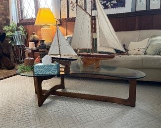 Midcentury coffee table, sailboat decor