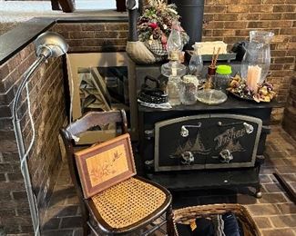 Antique cane chair, miscellaneous 

Stove stays with house
