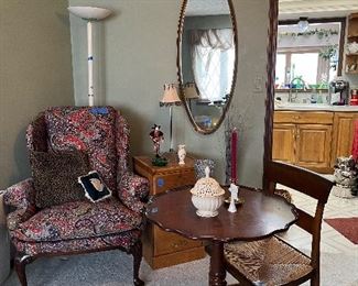 Wingback, pie crust table, wood 2 drawer filing cabinet, mirror