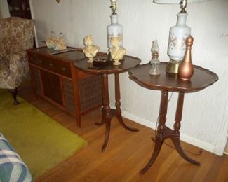 lamps, small box of cuff links & pins, bric-a-brac, Magnavox radio, 2 nice mahogany tables.
