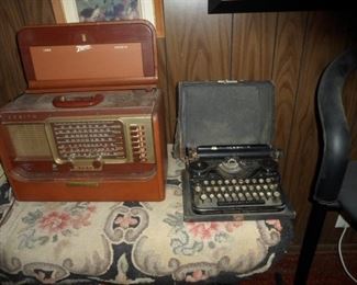 Old radio. Old Underwood typewriter.