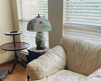 white leather sofa with matching chair and ottoman.  2 reverse painted lamps (one shown here).  2 tier table shown here, also 3 tier table and 4 other small tables all solid wood good shape.