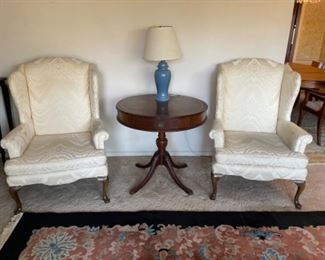 (2) Wingback chairs and drum table