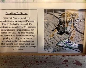 Reproduction print of original print by Sasha the Tiger in handmade distressed frame.