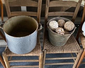 Assorted Graniteware and Early Chairs