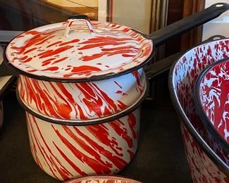 Red and White Swirl Graniteware Cookware 