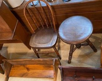 Piano Stool/Wooden Shelves/Old Chairs