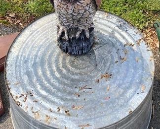 Galvanized Tub and Owl Decoy