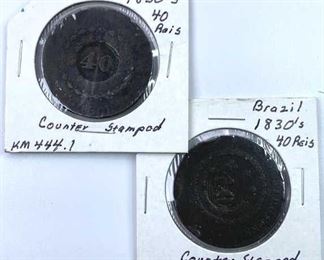 (2)1830s 40 Reis Counter Stamped Large Coin