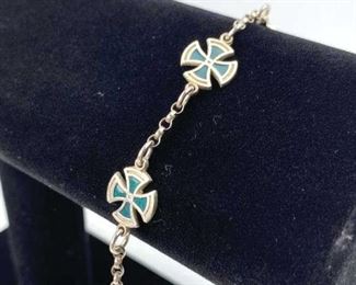 925 Silver Green Templar Style Cross Bracelet