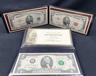 1953 $5 Red & Blue Seal Bills + $2 Bill in Folios