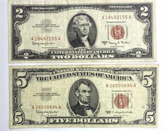 1963 Red Seal Bills, $2 and $5, Fine Condition
