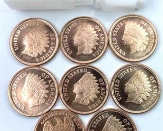(8) 1/2oz Troy Copper Rounds, Indian Head .999
