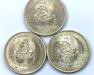 1951, 1952, 1953 Mexico Cinco Pesos Silver AU-BU