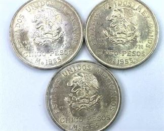 (3) 1953 Mexico Cinco Pesos Silver AU-BU