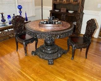 Antique Hand Carved Hardwood Table w/ Marble Top