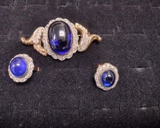 blue spinel cabochon 14k with single cut diamonds. Victorian.  brooch, earring, and ring sadly only one earring. brooch has approx. 1ct of single cut diamonds, earrings and ring have approx. 1/2ct of single cut diamonds each 