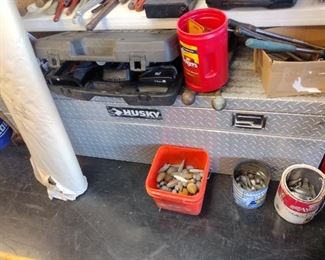 husky toolbox/tuckbox and lots of lead sinkers 