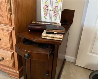 Charging station end table, jewelry boxes