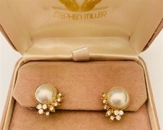 Pearl & Diamond Earrings set in 14k Gold