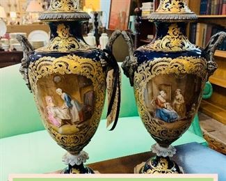 Pair French Sevres Porcelain Urns.... Hand Painted and Gilded with Bronze Mounts.  Circa 1880  (repair to one lid)