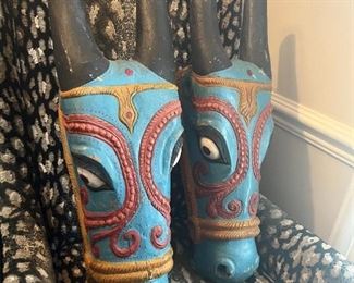 Pair of vintage hand-carved, painted wall sculptures, India