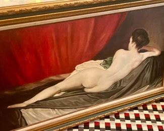 Signed oil on canvas, reclining nude woman, framed, matted, 46x23
