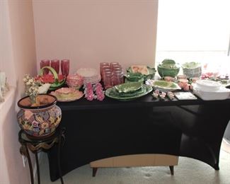 Bordallo Pinheiro cabbage dishes, more Talavera, pink glassware, green dishes, Fitz and Floyd