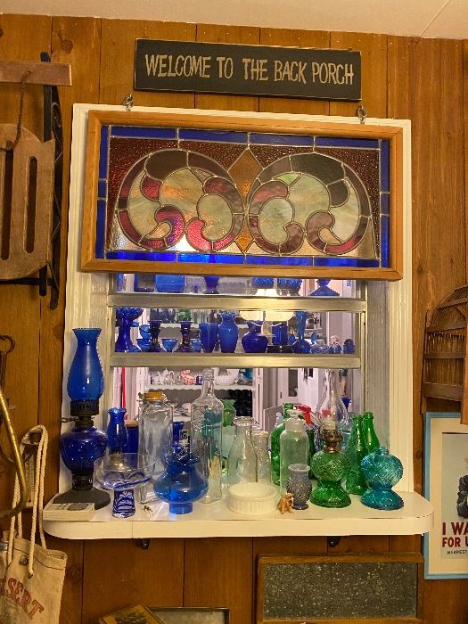Lots of colored glassware. Stained glass 