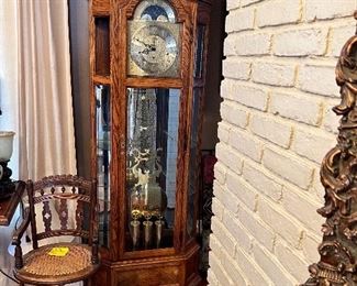 Oak grandfather clock.  One piece of glass missing. 