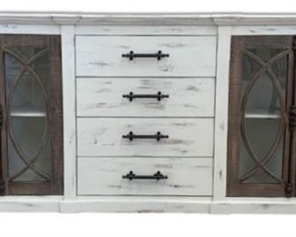 441 - Split Nickel Fish Hinge console cabinet 36 x 91 x 18 1/2 Hand wrought metal trim Hand brushed & lacquers multi color finish
