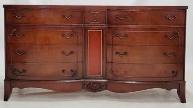 1037 - Mahogany double bow front dresser 35.5 x 66 x 20 leather inset, some missing hardware, wear to stain
