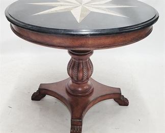 1341 - Butler Specialty starburst inlaid marble top table carved pedestal base 31 x 36

