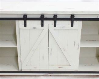 1467 - Sliding barn door painted console - new small crack on lower leg, split on side 34 x 60 x 16
