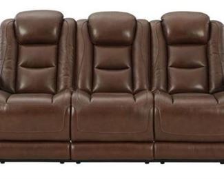 1503 - New Ashley Man-Den Mahogany power sofa Leather interior, vinyl/polyester exterior P2, power head & foot Wireless chargers on each side center loft top console with lights & cup holders 86 x 41 x 43

