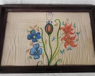 1610 - Wooden tray with painted cloth, no glass 13 x 20
