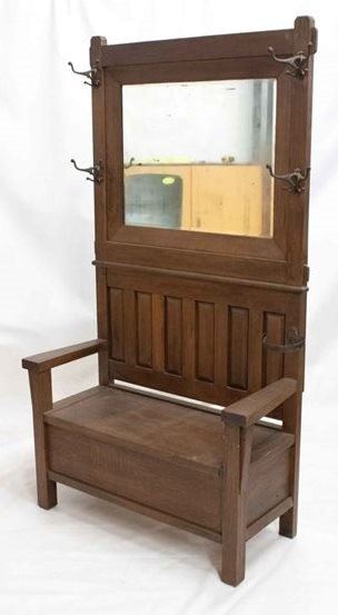 2130 - Vintage Mission oak oversize hall mirror w/ bench beveled mirror, original hardware umbrella holder, lift top seat 77 x 43 x 19 1/2
