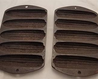 2433 - Pair vintage cast iron cornbread pans 5.5 x 9
