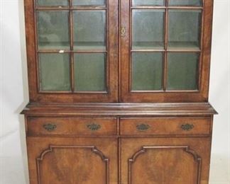 6009 - English 2 part offset bookcase double glass doors over doors & drawers 79 x 41 x 13
