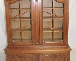6010 - French country oak double door china cabinet 2 part form 77 x 54 x 21

